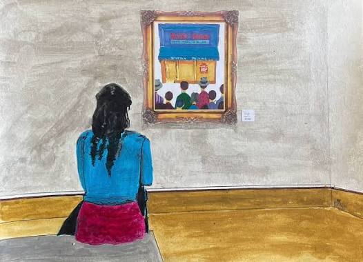 Illustrated gallery scene featuring Beverly Packing